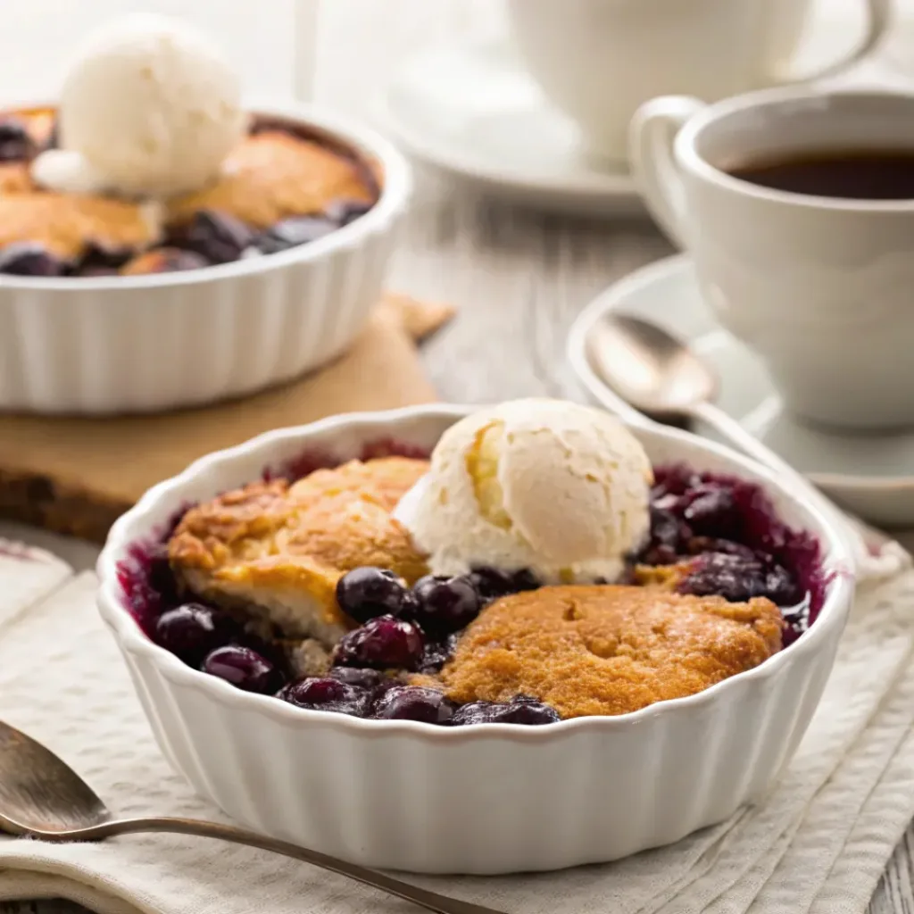 Blueberry cobbler served warm with ice cream