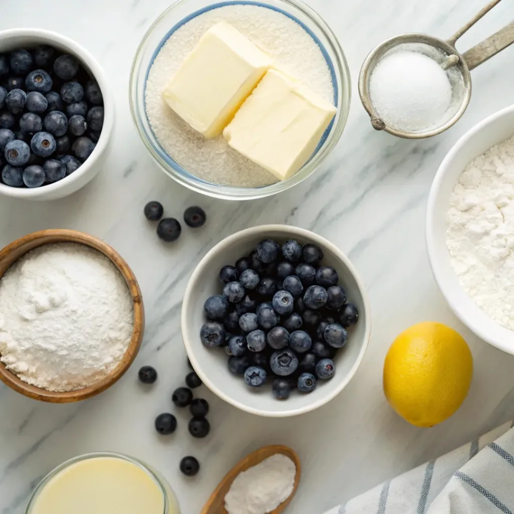 Flat lay of blueberries, flour, butter, sugar, and baking ingredients