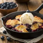 Blueberry cobbler with golden topping and melting ice cream