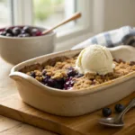 Blueberry crisp with oat topping and melting vanilla ice cream