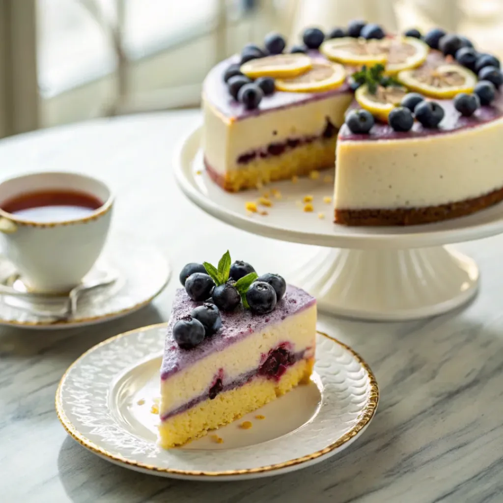 Slice of blueberry lemon mousse cake served with tea and fresh berries