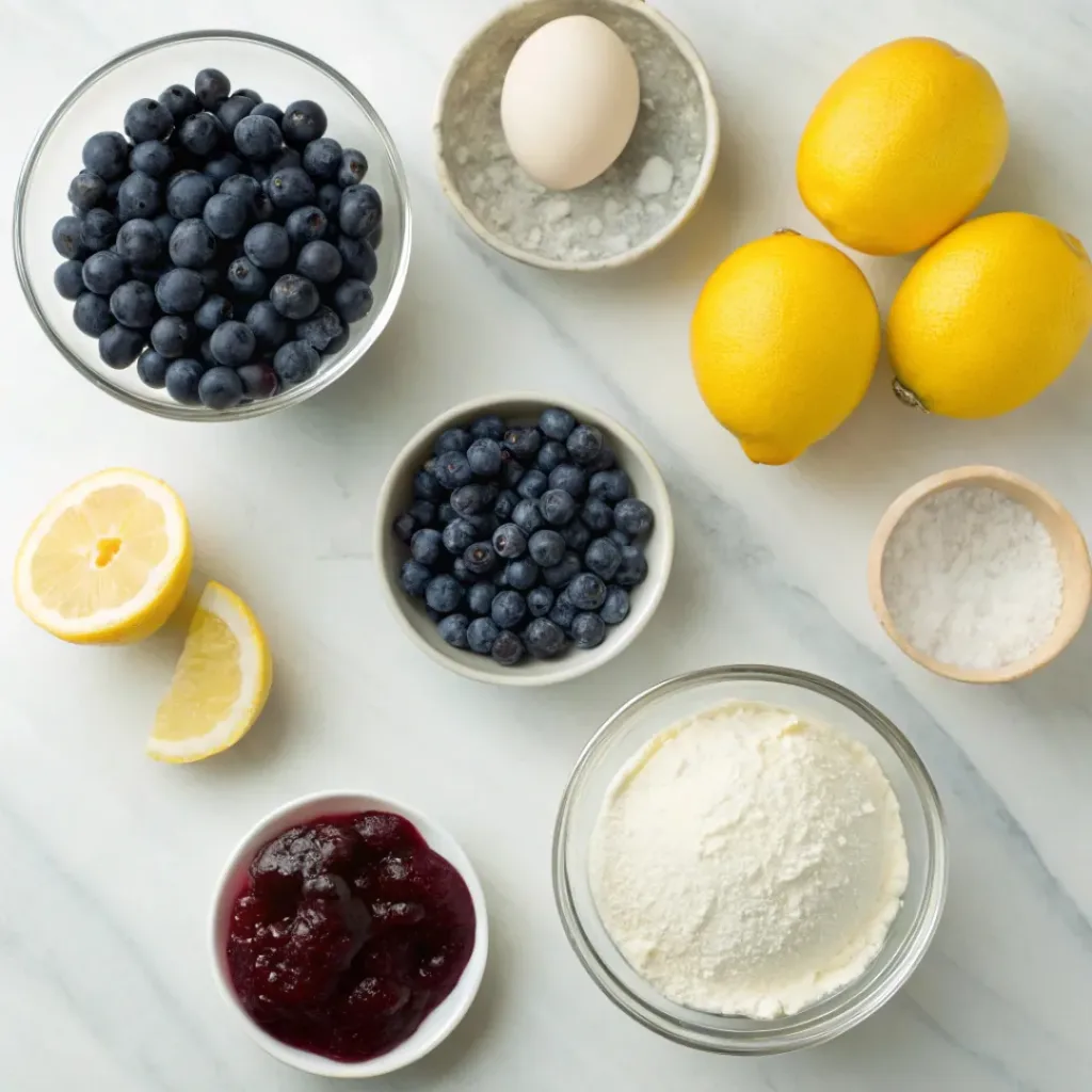 Flat lay of blueberries, lemons, cream, eggs, and baking ingredients