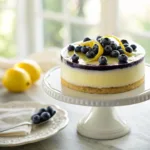 Layered blueberry lemon mousse cake with glossy topping and fresh berries