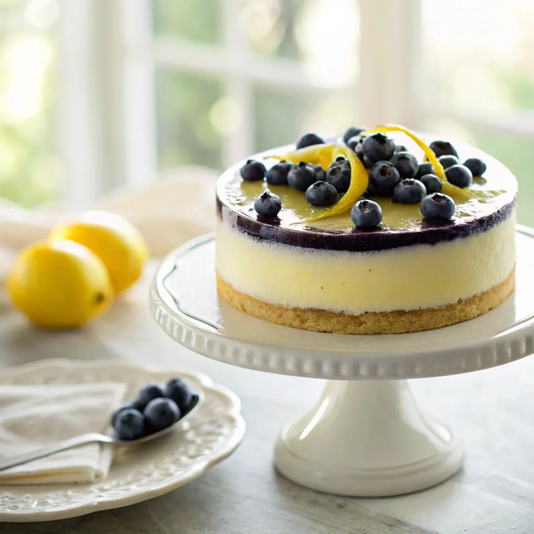 Layered blueberry lemon mousse cake with glossy topping and fresh berries