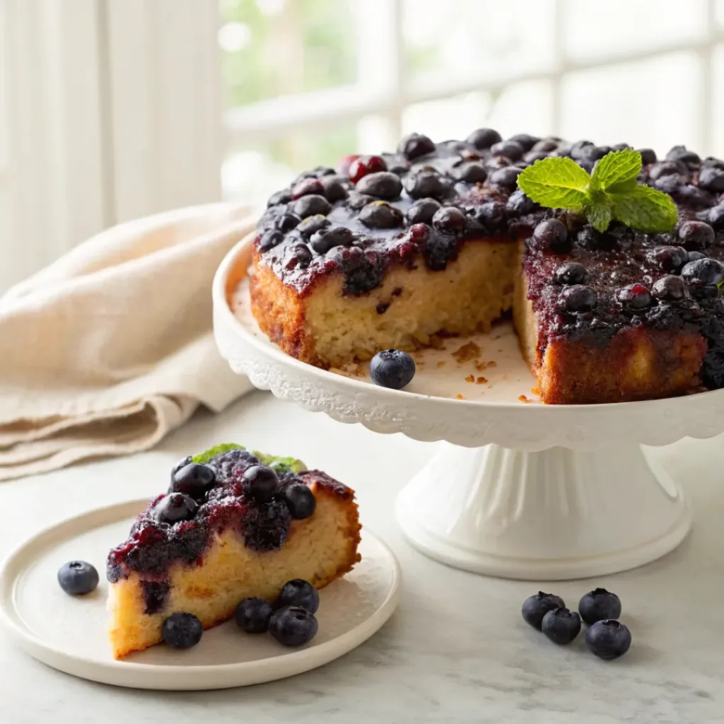 Home 6 Homemade blueberry upside down cake topped with caramelized blueberries on a white cake stand.