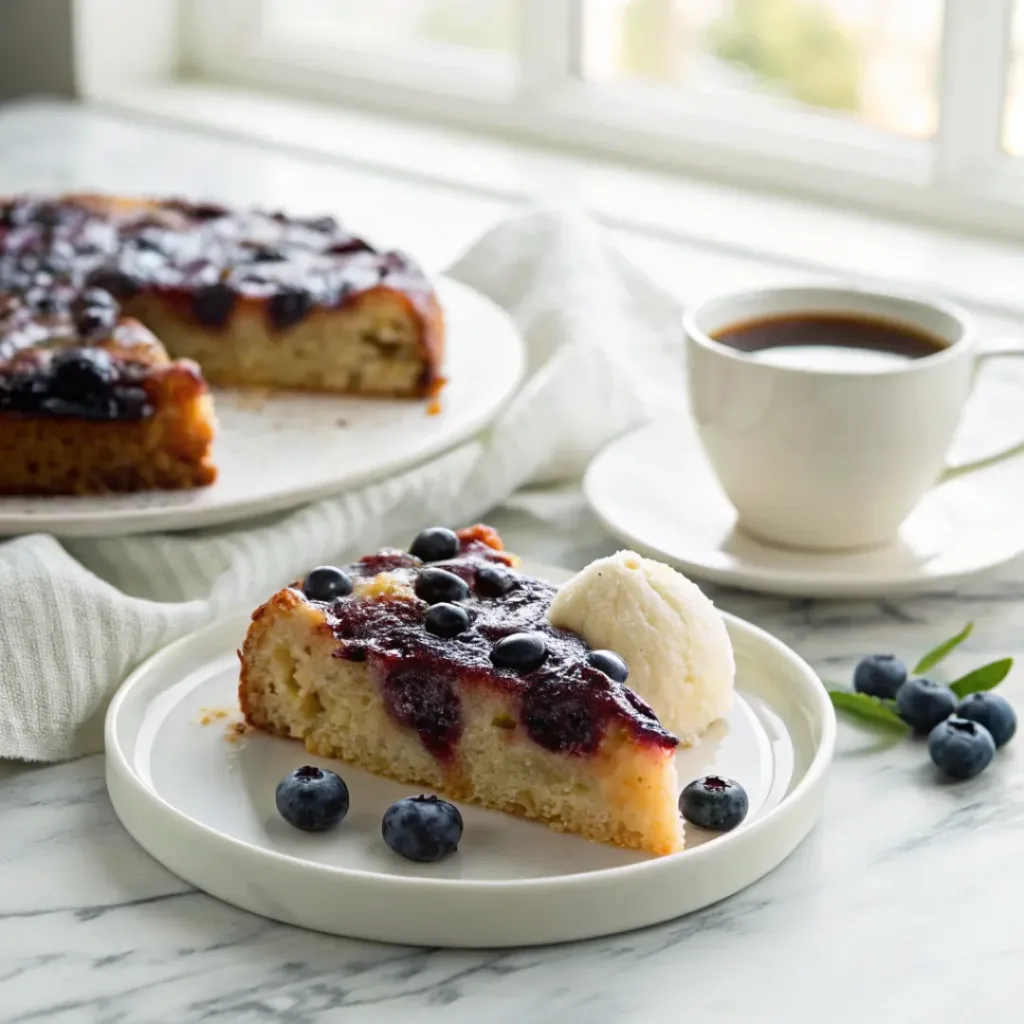 Slice of blueberry upside down cake served with vanilla ice cream, fresh blueberries, and coffee.