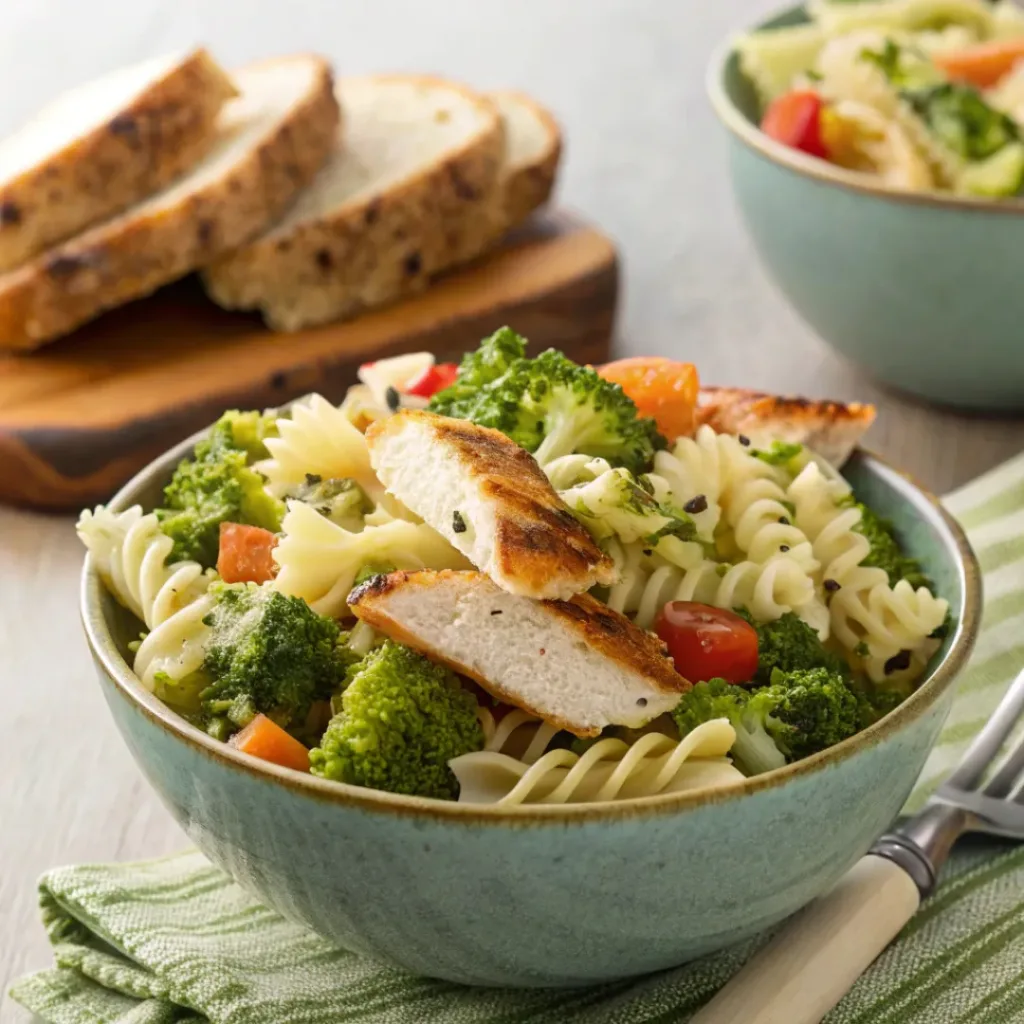 Broccoli pasta salad served with grilled chicken and bread
