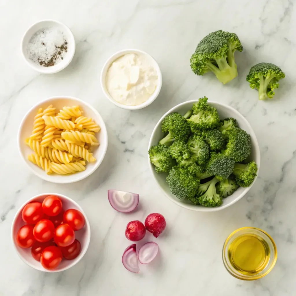 Flat lay of pasta, broccoli, tomatoes, onion, and dressing ingredients