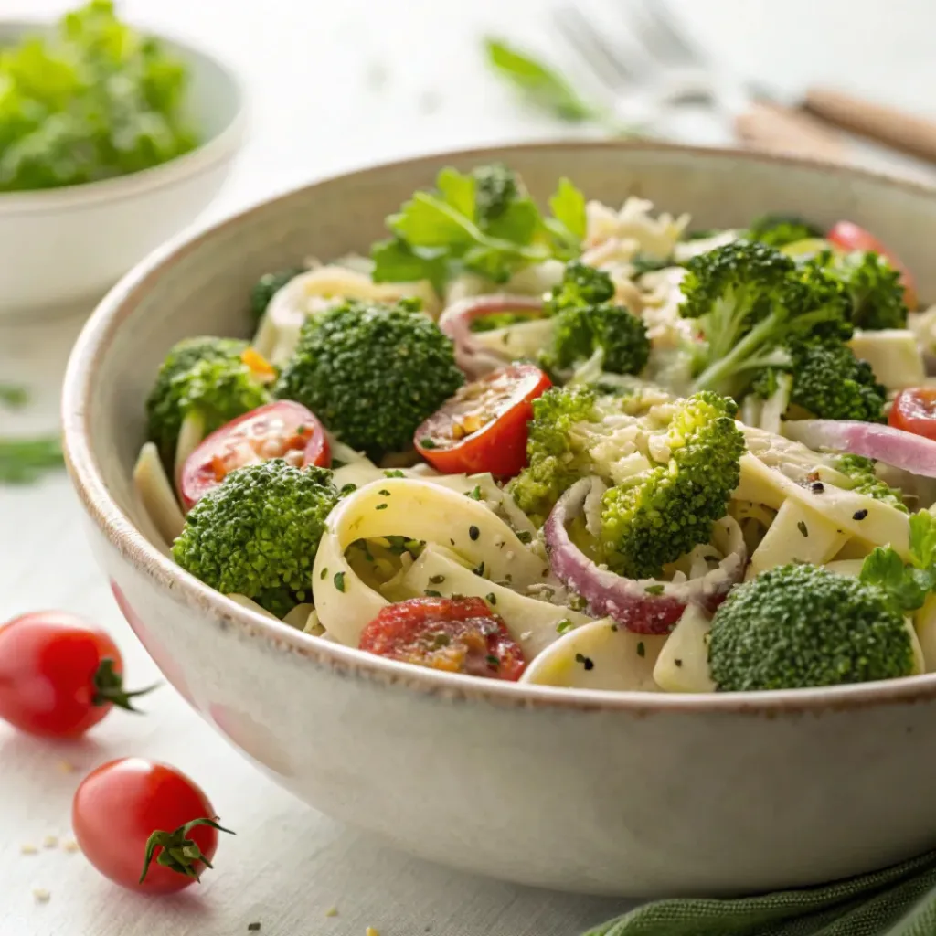 Broccoli pasta salad with tomatoes and creamy dressing in bowl