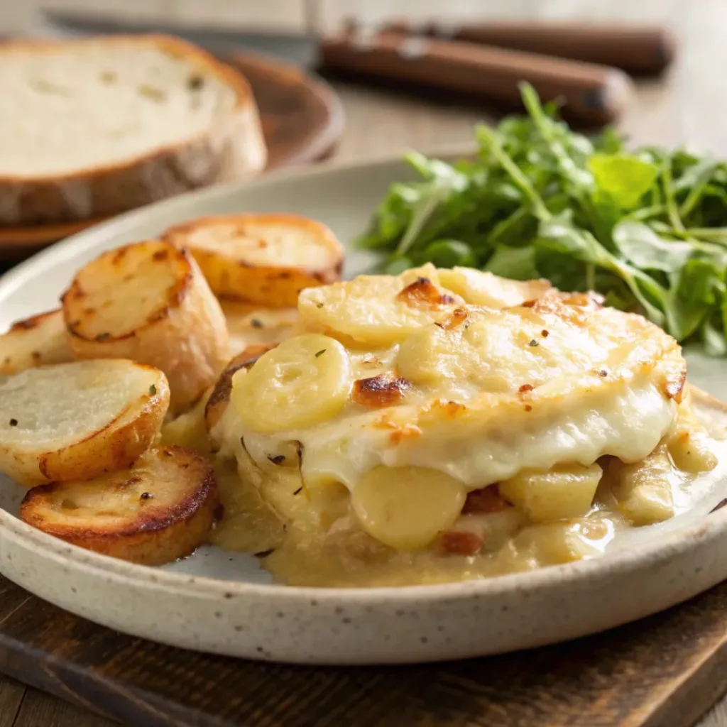 Cheesy Tartiflette served with salad and bread