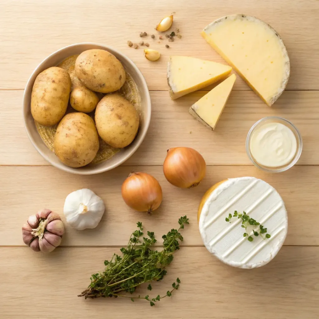 Flat lay of potatoes, cheese, onions, cream, and herbs
