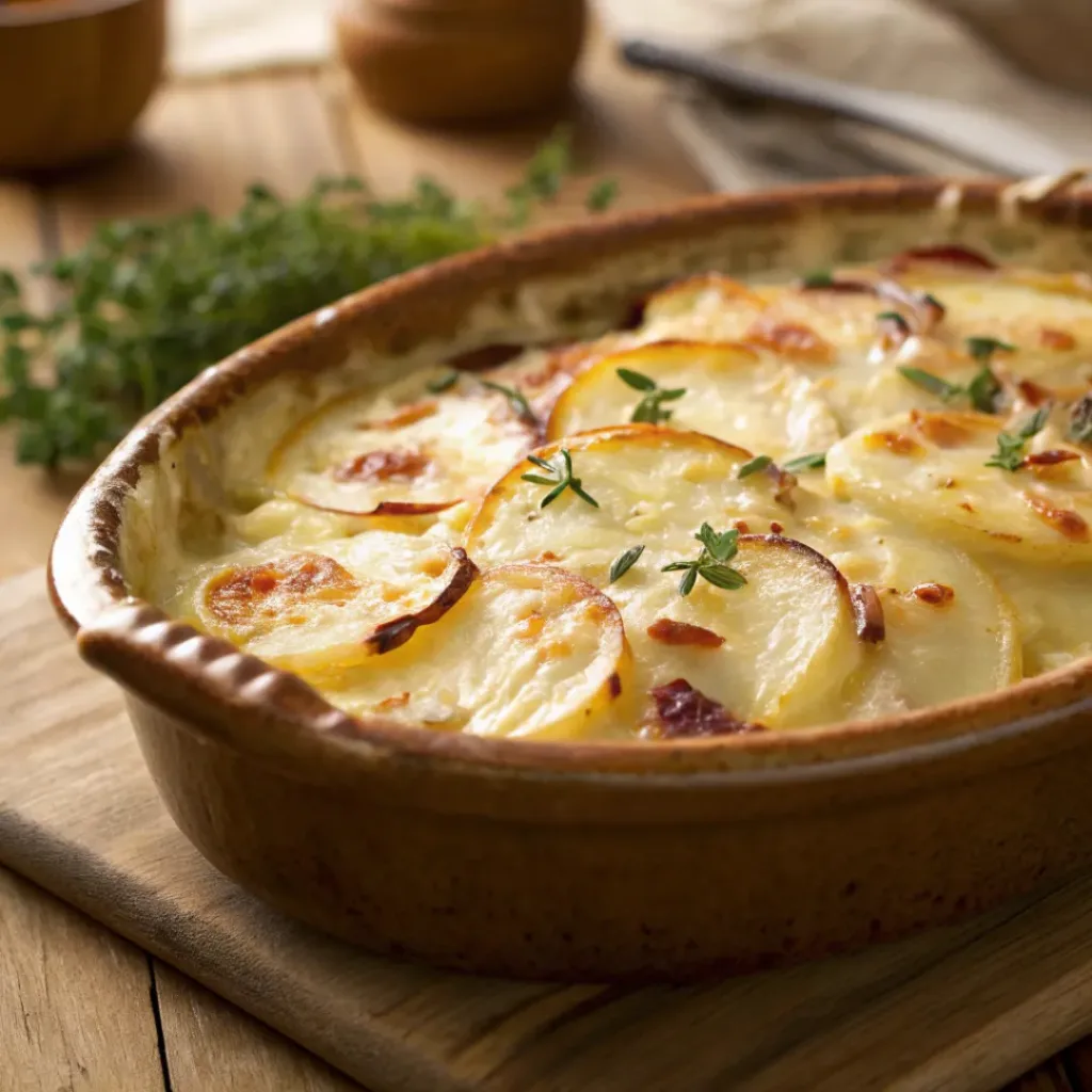 Cheesy Tartiflette with potatoes and golden melted cheese