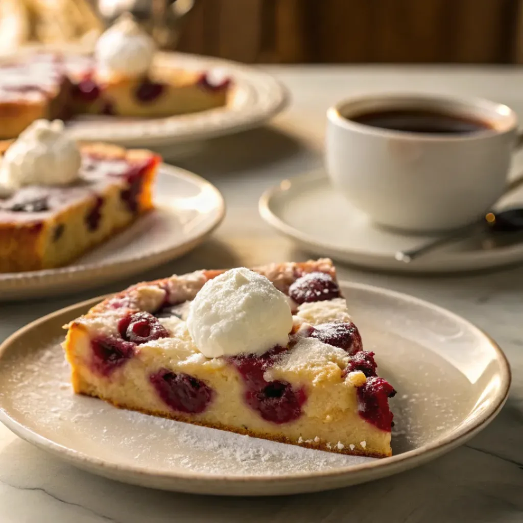 Slice of cherry clafoutis served with whipped cream and coffee