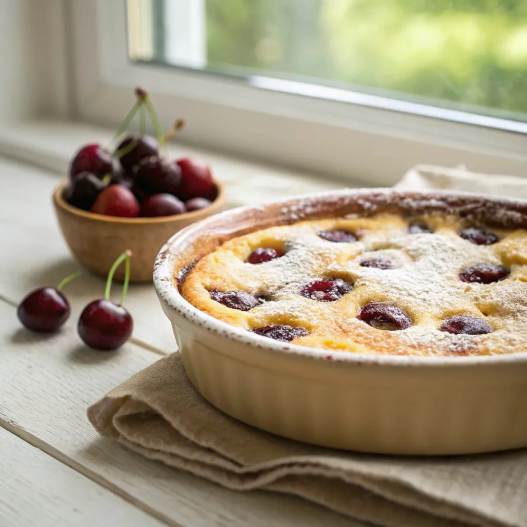 Golden cherry clafoutis baked in rustic dish with powdered sugar