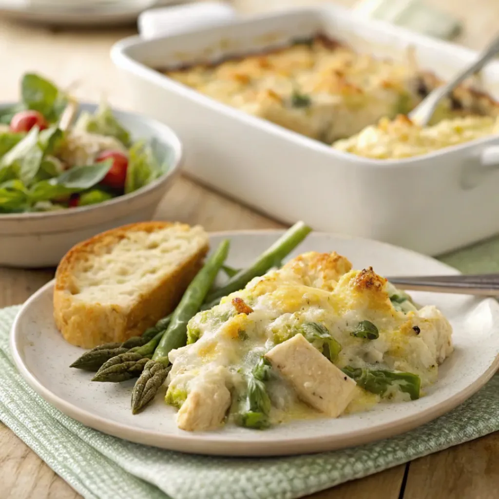 Chicken asparagus casserole served with salad and bread