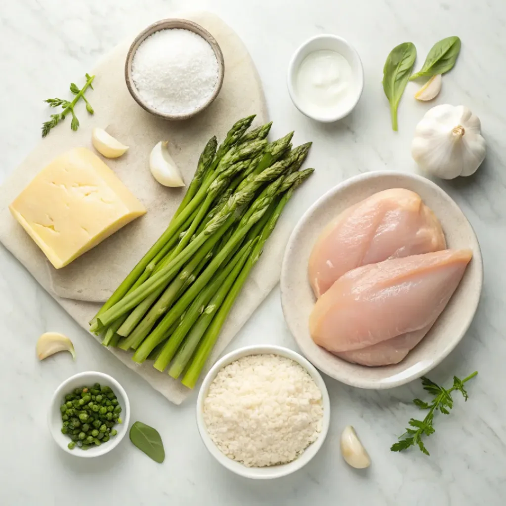 Flat lay of chicken, asparagus, cheese, and casserole ingredients