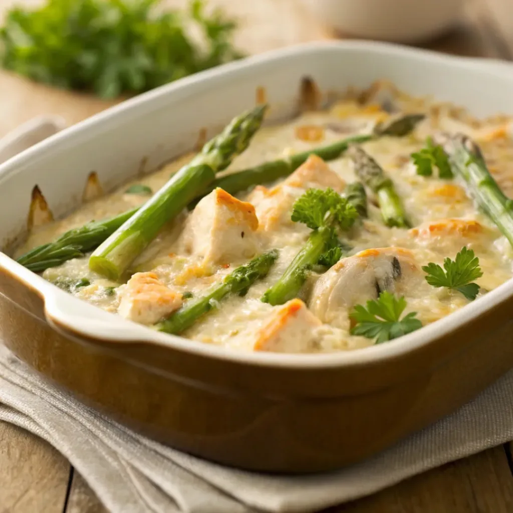 Chicken asparagus casserole with melted cheese in baking dish