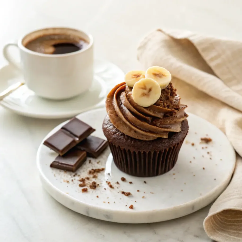 Chocolate banana cupcake served with coffee, banana slices, and dark chocolate.
