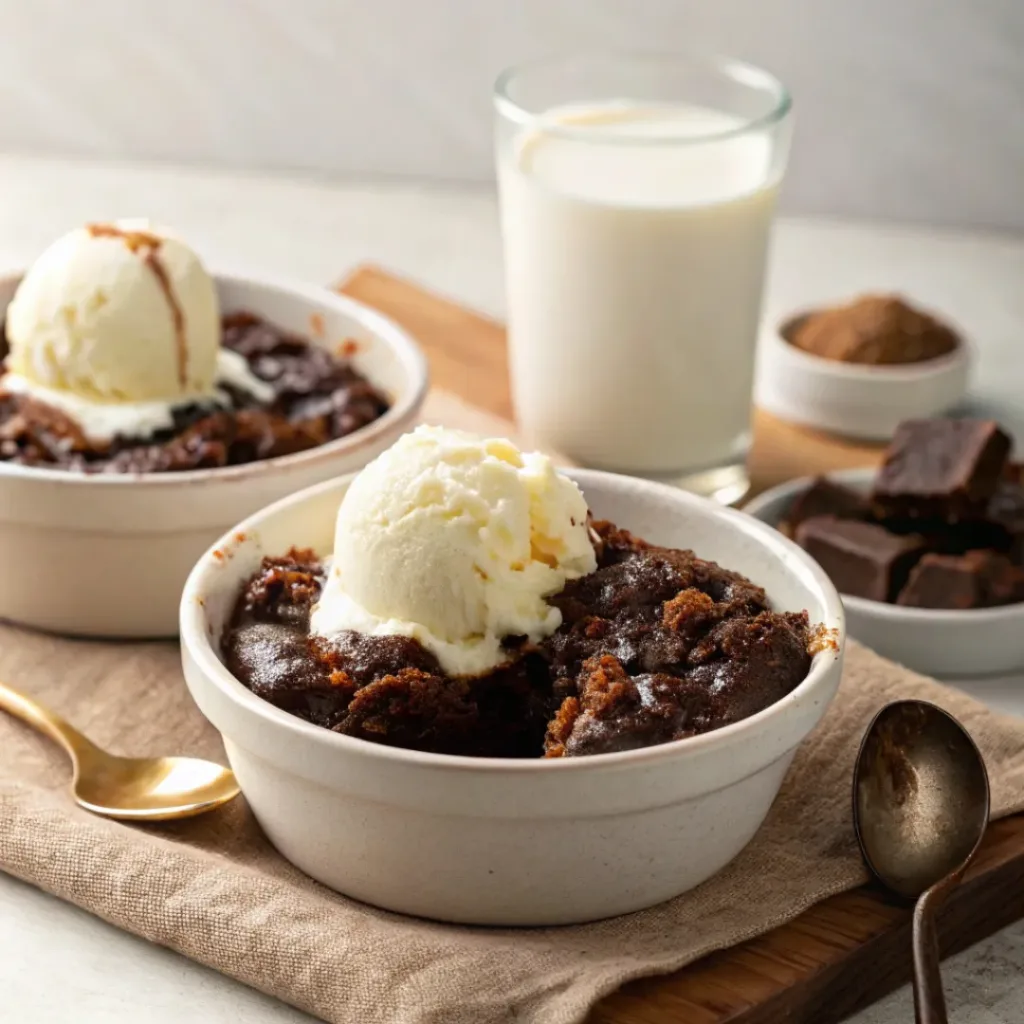 Chocolate dump cake served warm with ice cream