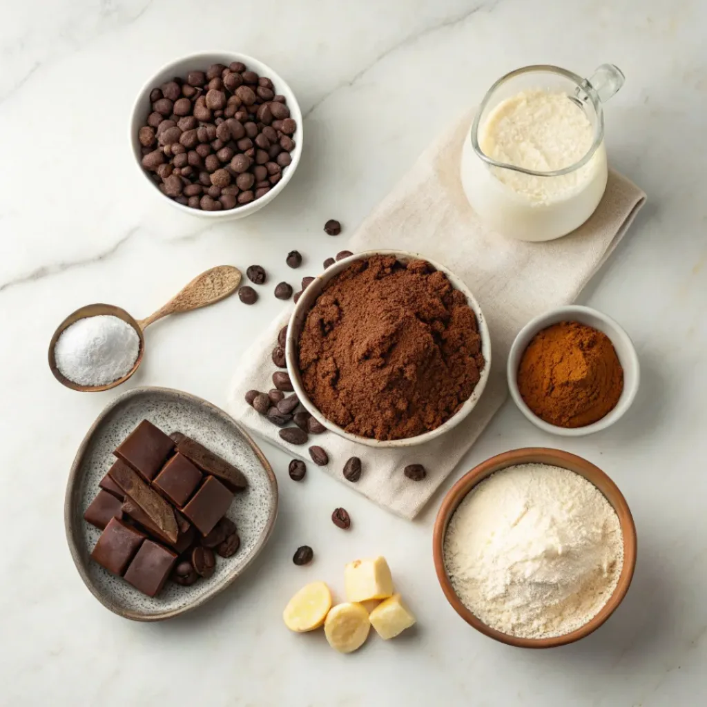 Flat lay of chocolate cake ingredients including cocoa, butter, and sugar