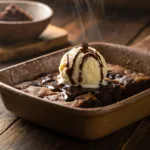 Chocolate dump cake with melted ice cream and gooey texture