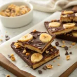 Chocolate bark with banana slices and peanut butter swirls