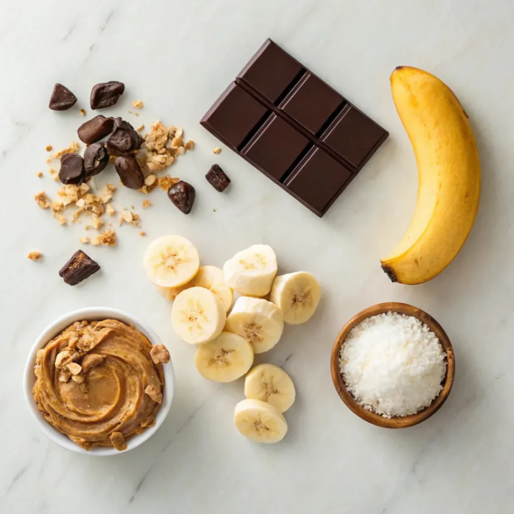 Flat lay of chocolate, bananas, peanut butter, and toppings