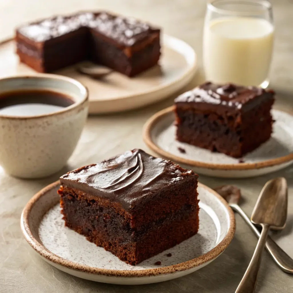 Slice of chocolate wacky cake served with coffee