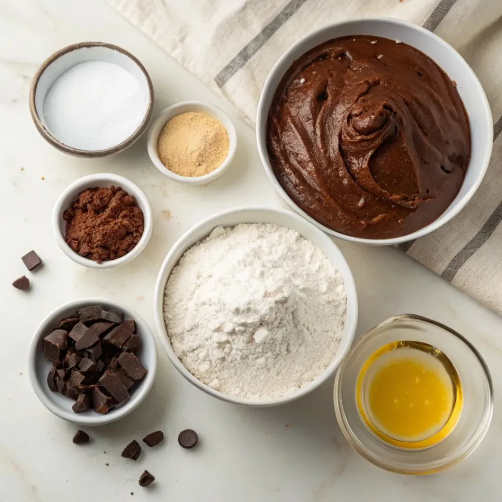 Flat lay of cocoa powder, flour, sugar, oil, vinegar, and baking ingredients