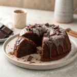 Chocolate wacky cake with glaze and moist texture on plate
