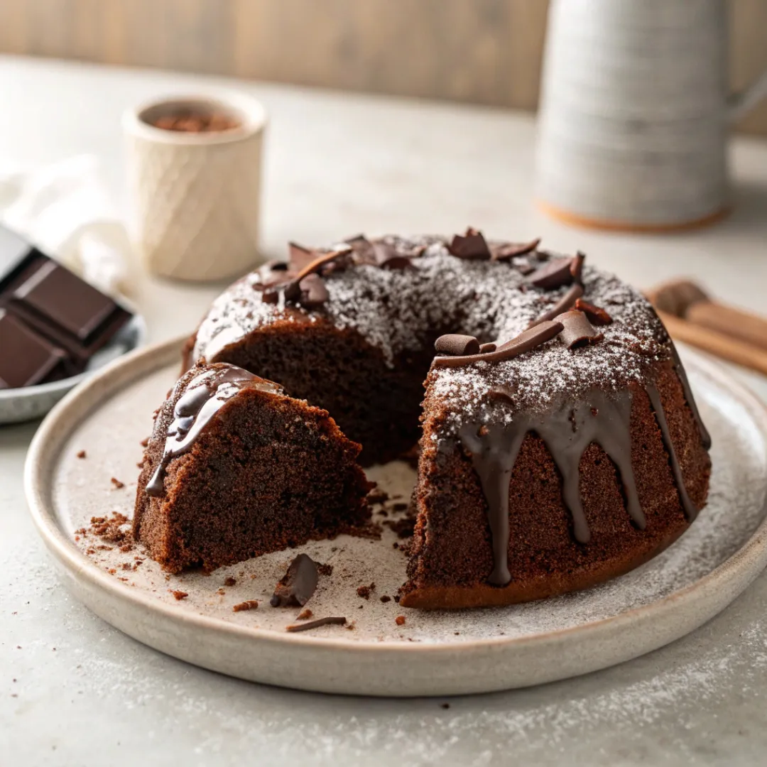 Chocolate wacky cake with glaze and moist texture on plate