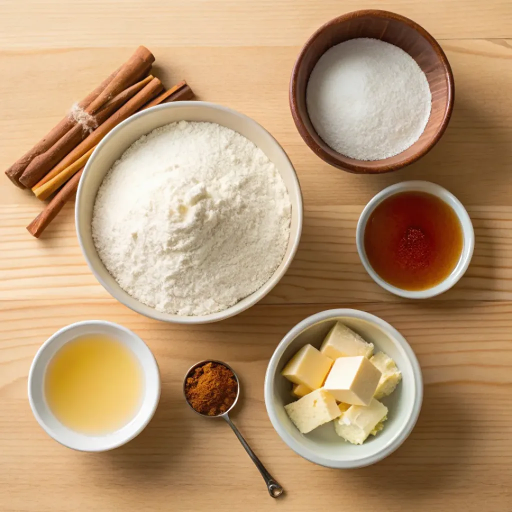 Flat lay of flour, butter, cinnamon, sugar, milk, and baking ingredients