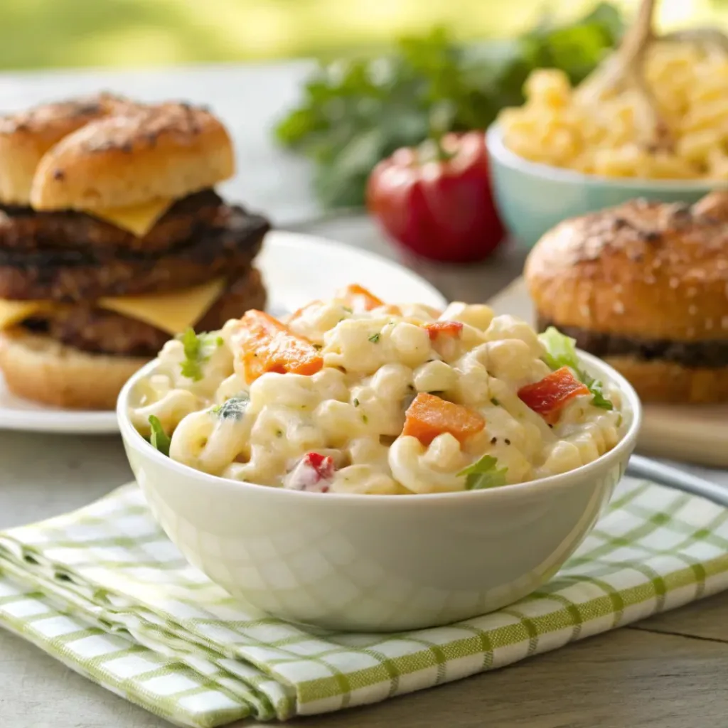 Macaroni salad served with grilled chicken and picnic food