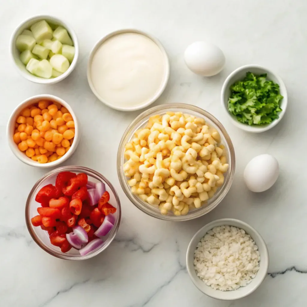 Flat lay of macaroni, vegetables, eggs, and dressing ingredients