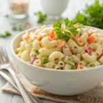 Classic macaroni salad with vegetables and creamy dressing in bowl