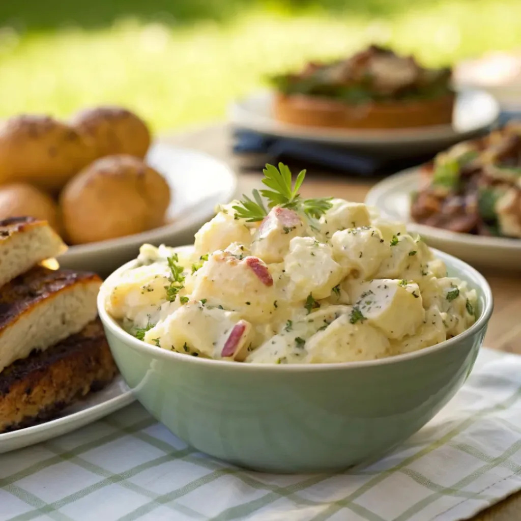 Creamy potato salad served with grilled dishes and bread