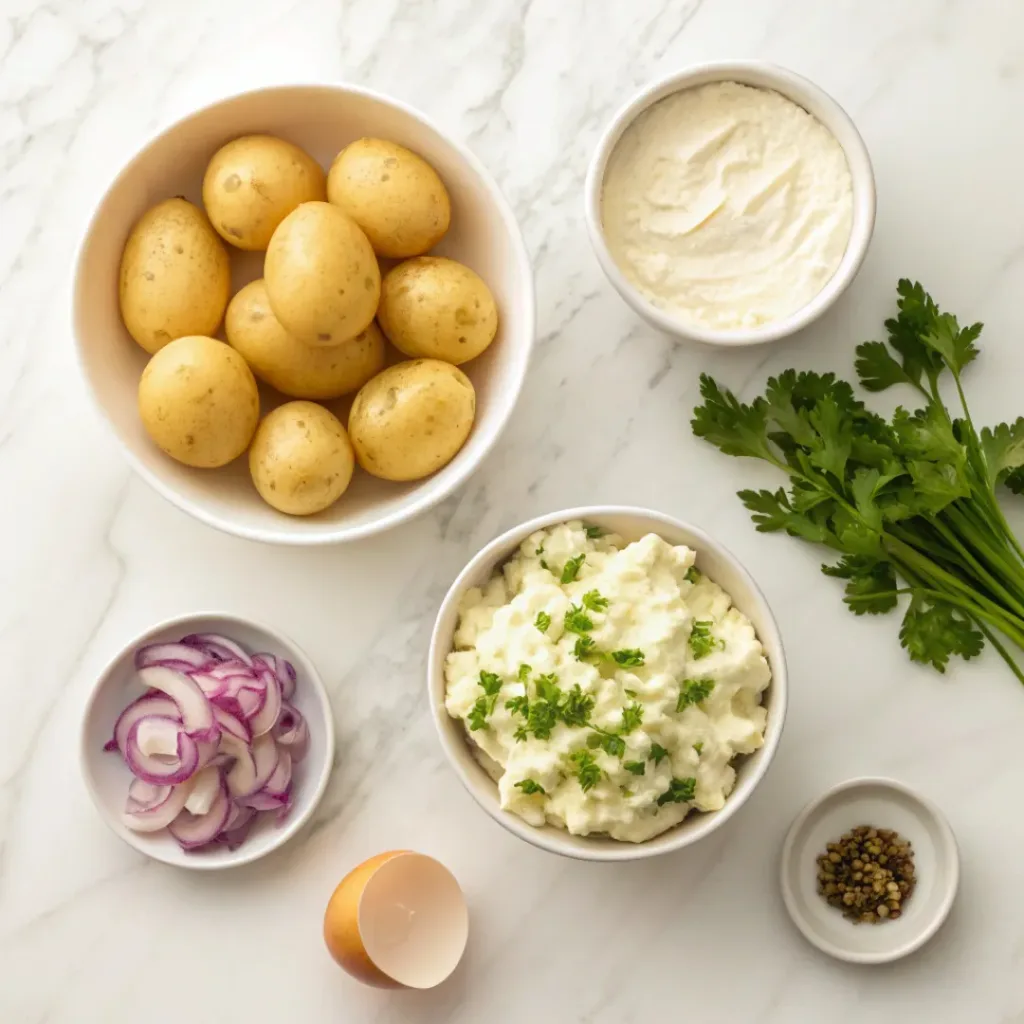 Flat lay of potatoes, mayo, mustard, herbs, and salad ingredients