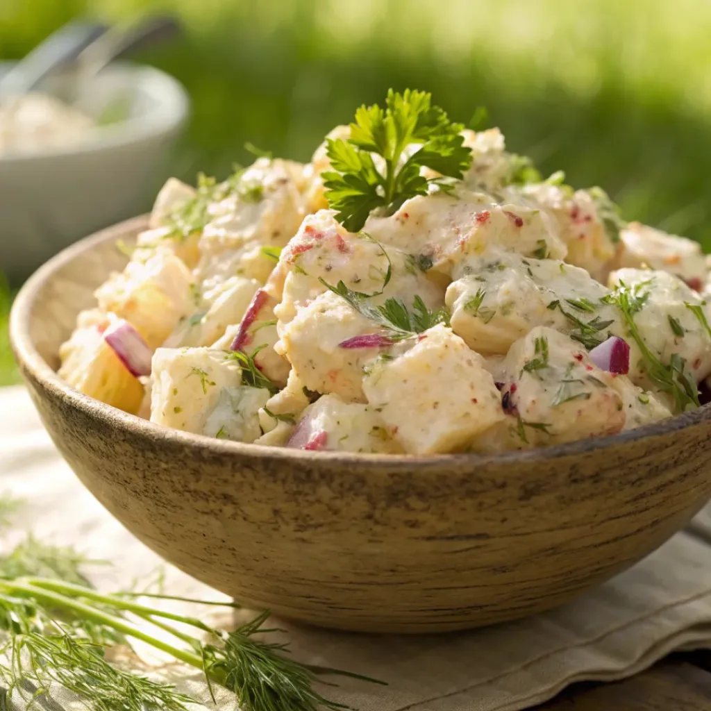 Creamy potato salad with herbs and dressing in rustic bowl