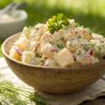 Creamy potato salad with herbs and dressing in rustic bowl