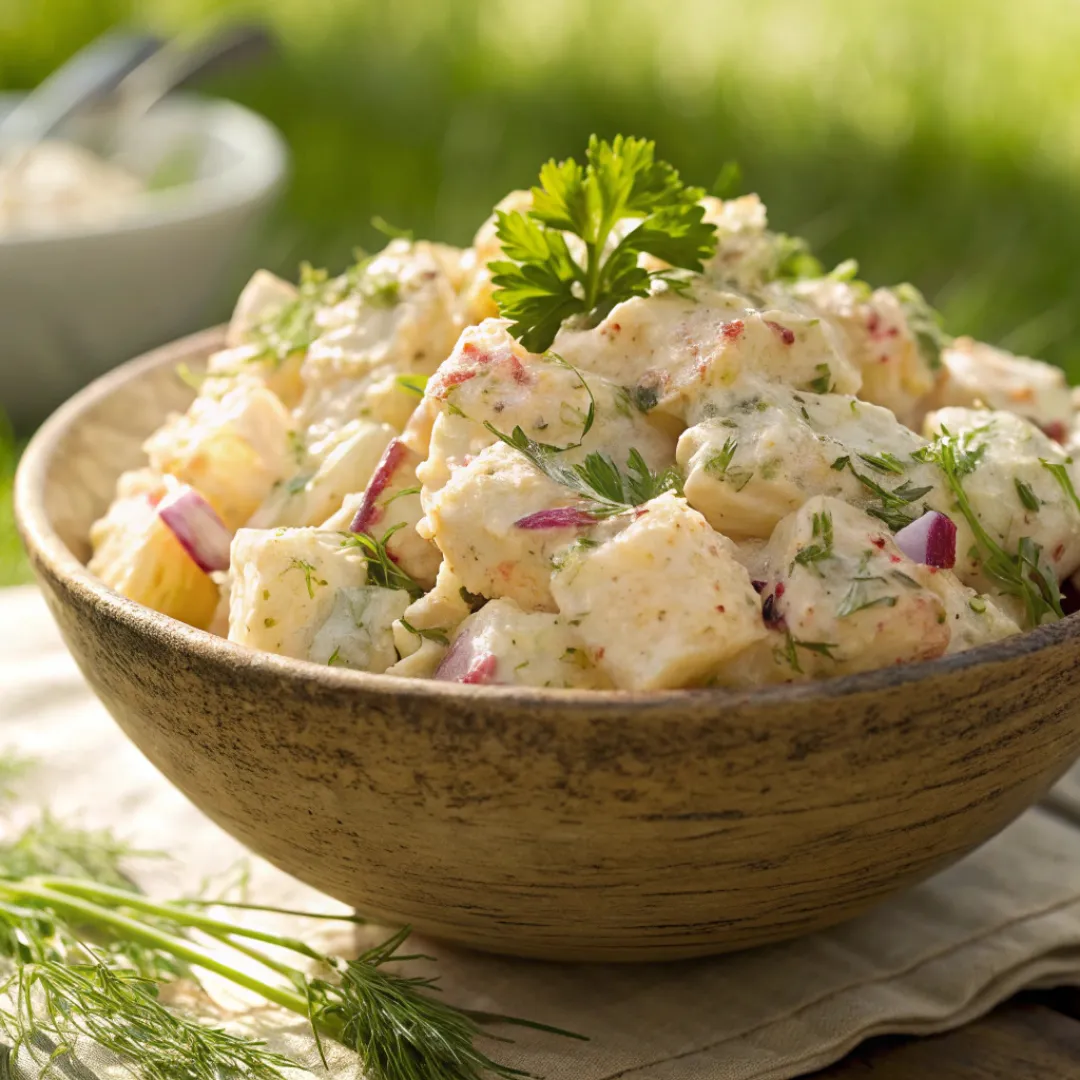 Creamy potato salad with herbs and dressing in rustic bowl