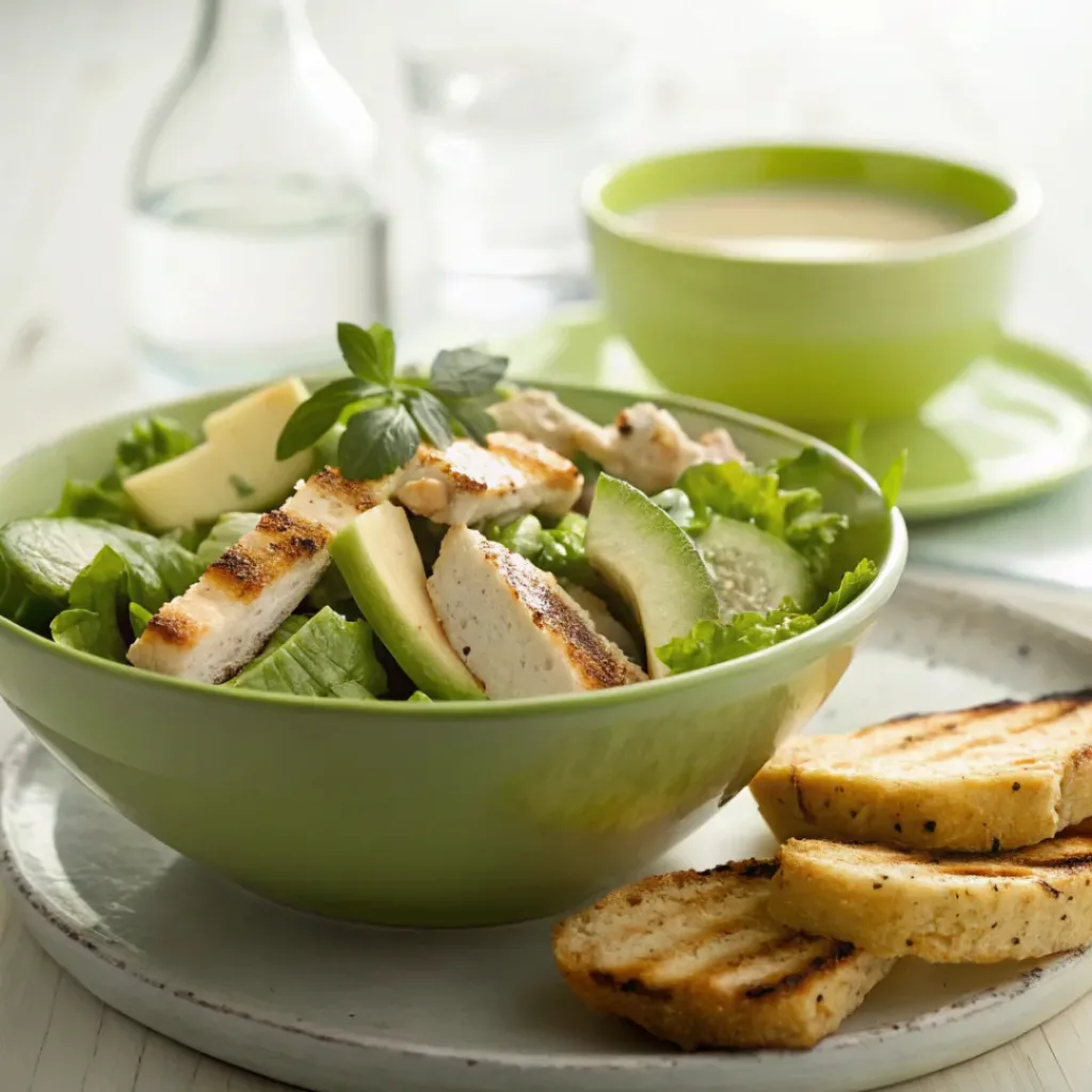 Cucumber avocado salad served with grilled chicken and bread