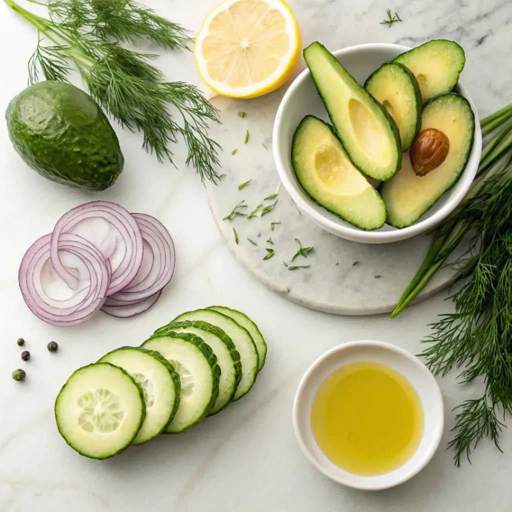 Flat lay of cucumbers, avocados, lemon, herbs, and salad ingredients