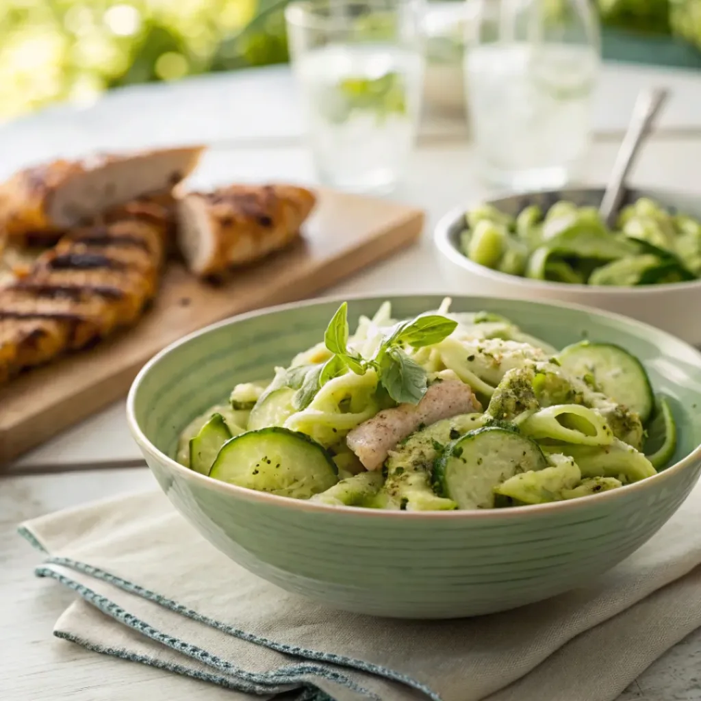 Cucumber pasta salad served with grilled chicken and bread