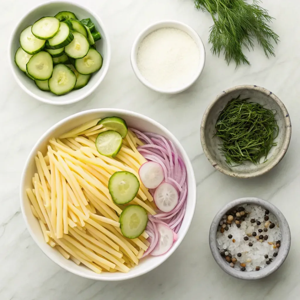 Flat lay of pasta, cucumbers, onion, dill, and dressing ingredients