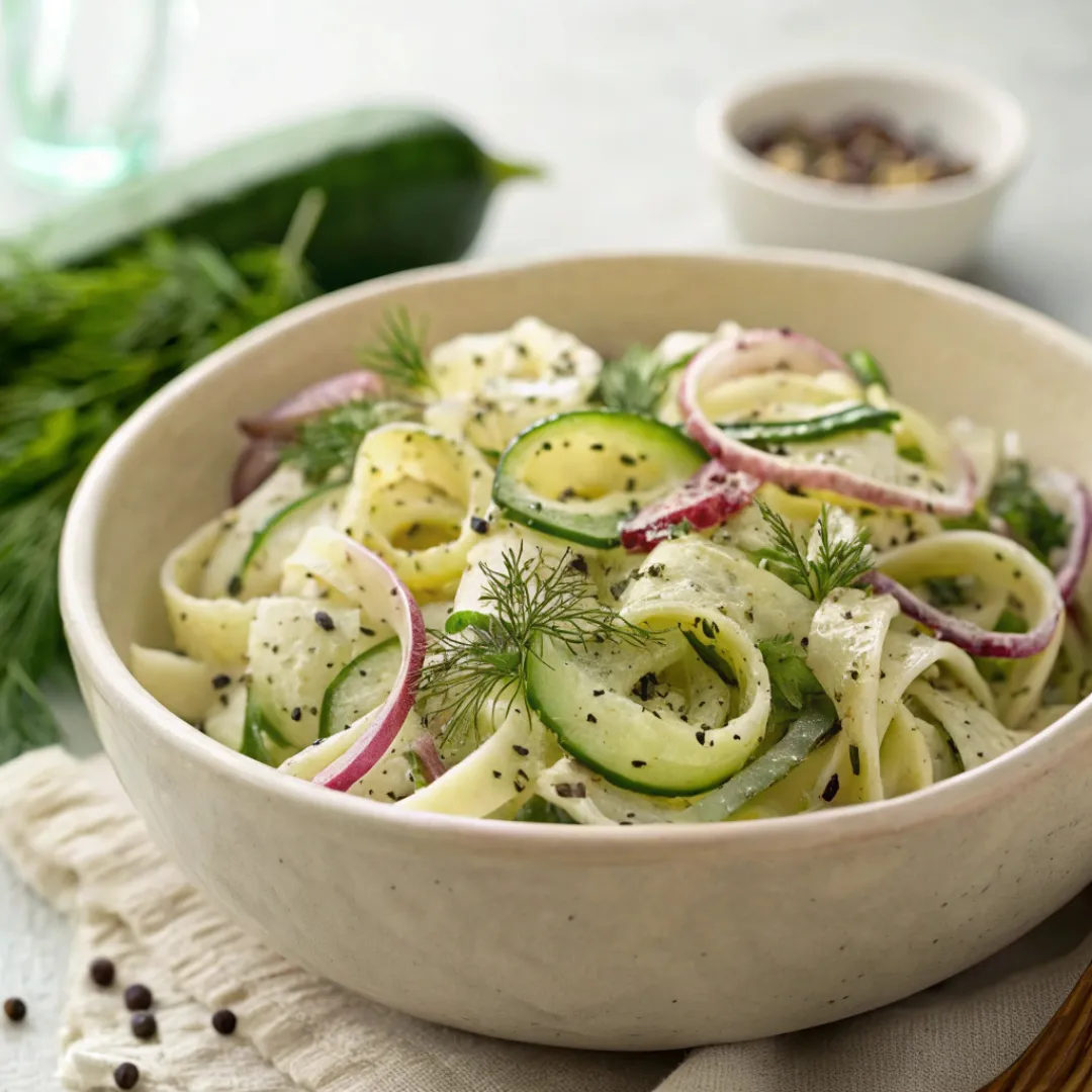 Cucumber pasta salad with dill and creamy dressing in bowl