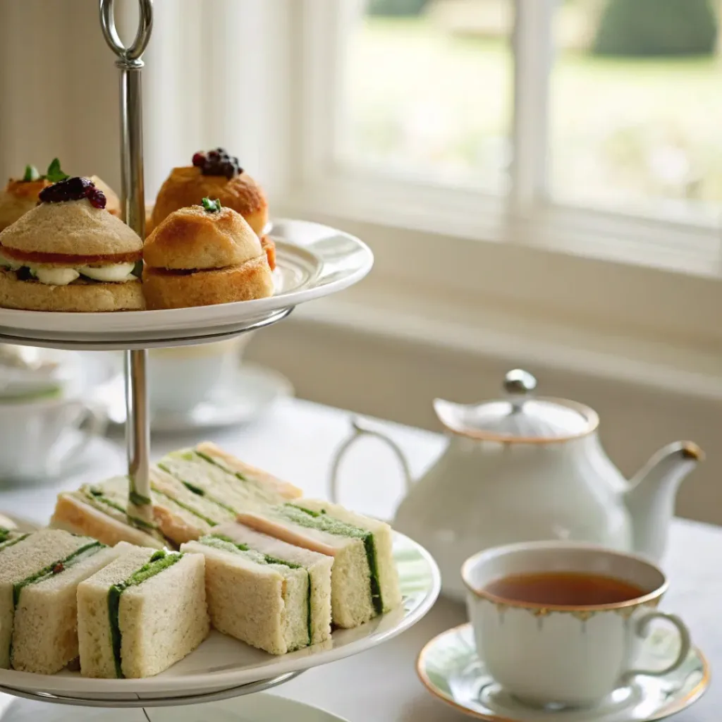 Cucumber sandwiches served on tea tray with scones and tea set
