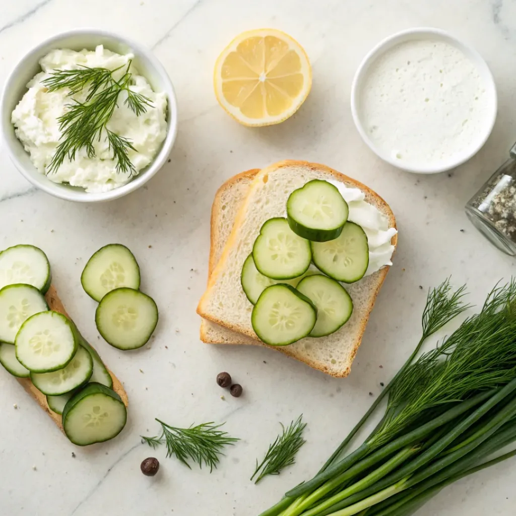 Flat lay of cucumbers, cream cheese, bread, and herbs for sandwiches