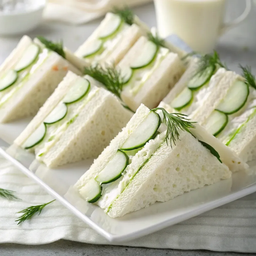 Cucumber sandwiches with cream cheese and dill on white plate