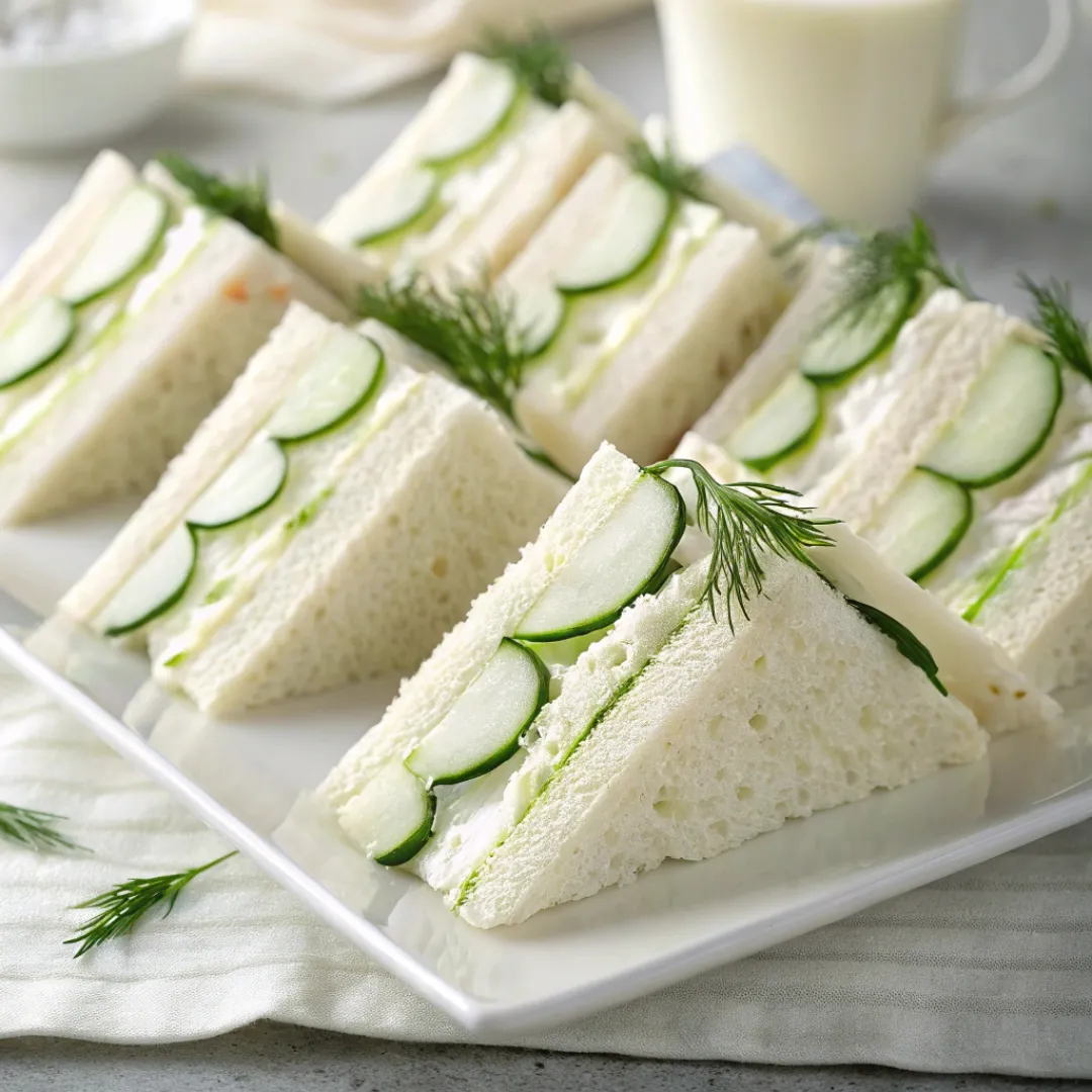 Cucumber sandwiches with cream cheese and dill on white plate