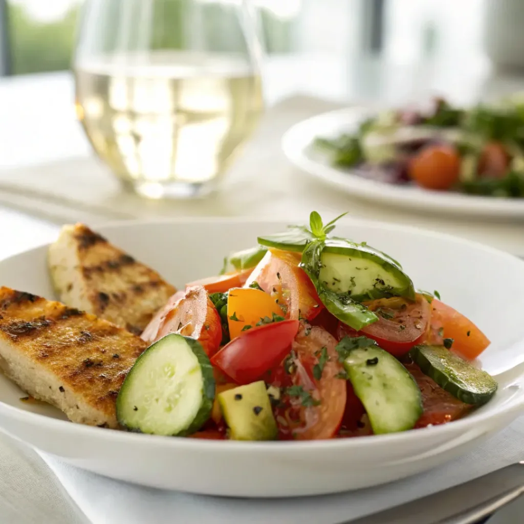 Cucumber tomato salad served with grilled chicken and bread
